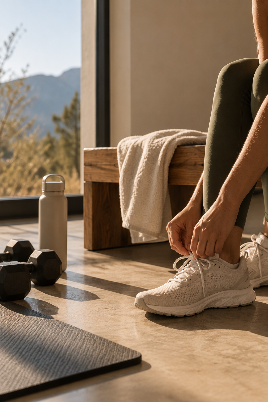 sunlit wellness shoe tying moment